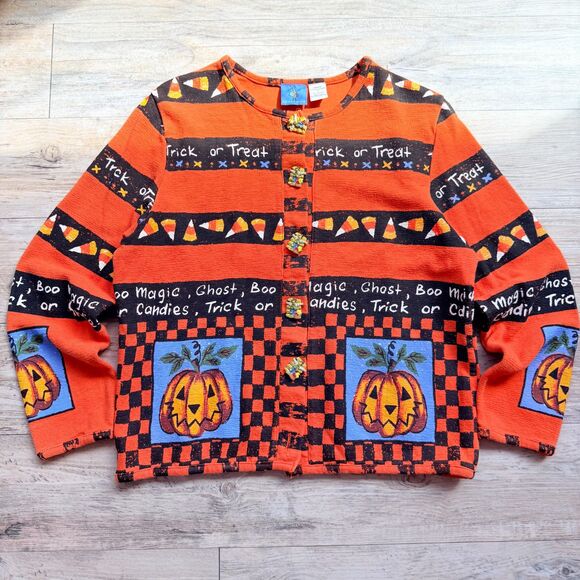 sport elle Sweaters - Vintage Halloween Sweater Cardigan Medium Pumpkin Candy Corn Trick or Treat 90s